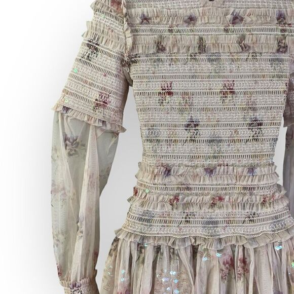 Needle & Thread Sequin Mini Dress with Sheer Sleeves in Dusty Mauve Pink Floral - Picture 5 of 15